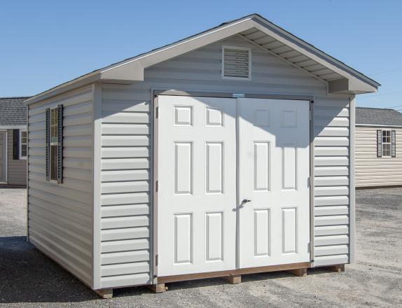 10x12 Front Entry Peak Style Storage Shed with Harbor Stone Grey Vinyl Siding